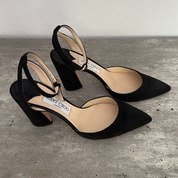 Jimmy Choo Black Suede Block Heels Ankle Strap Pointed Toe Shoes Size 39 1/2 - Picture 3 of 10